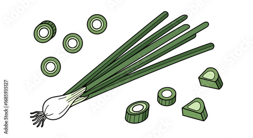 Whimsical illustration featuring fresh green onions, meticulously arranged and