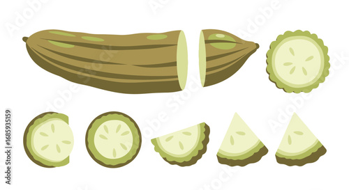 Illustrated bitter melon slices in geometric arrangement on white background