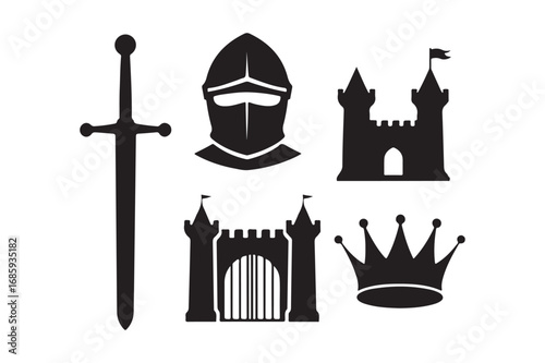 Medieval knightly symbols including sword castle crown and helmet