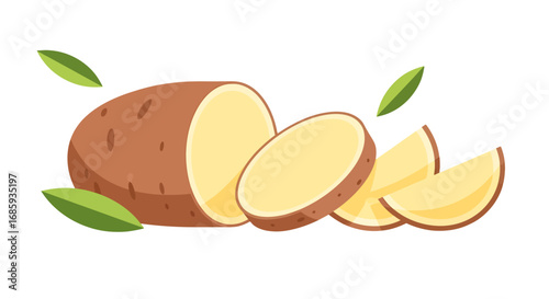 Illustration presenting sliced potatoes with fresh green leaves for health