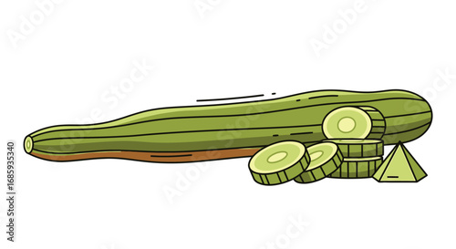 Stylized illustration presenting a green zucchini with circular and pyramid cuts