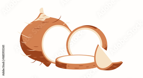Botanical illustration displaying a set of sliced taro roots on a plain backdrop