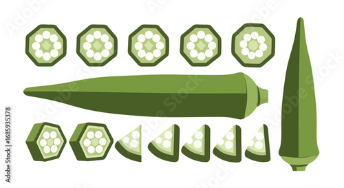 Stylized graphic illustration of okra, in whole form and sliced arrangements