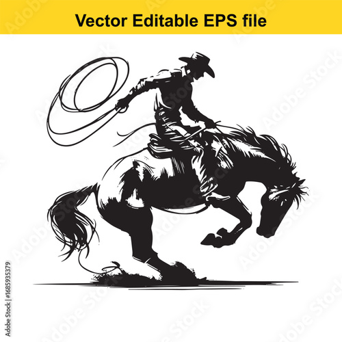 Silhouette of a cowboy riding a bucking horse with a lasso, isolated on white background