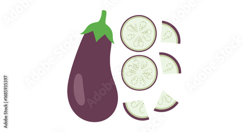 Stylized eggplant illustration alongside assorted sliced portions showing its