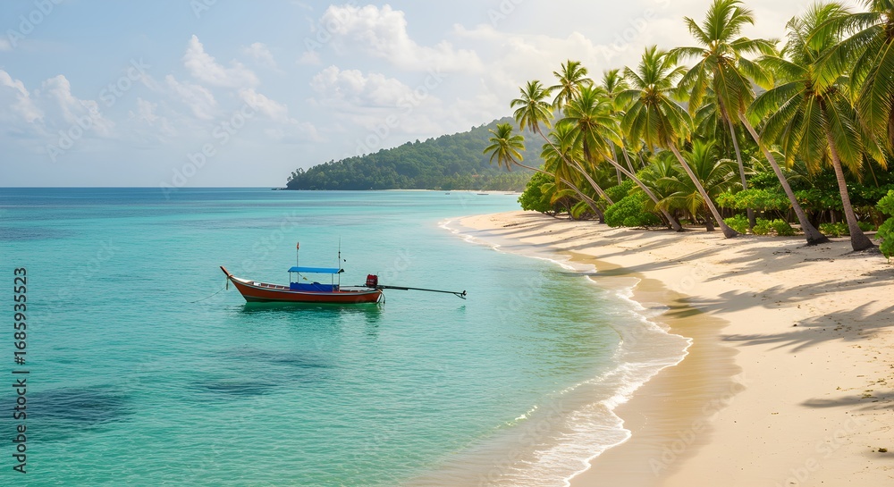 Fototapeta premium Teal beach view features longtail boat, white sand, and palm trees. Summer travel poster, vacation backdrop, tropical background.