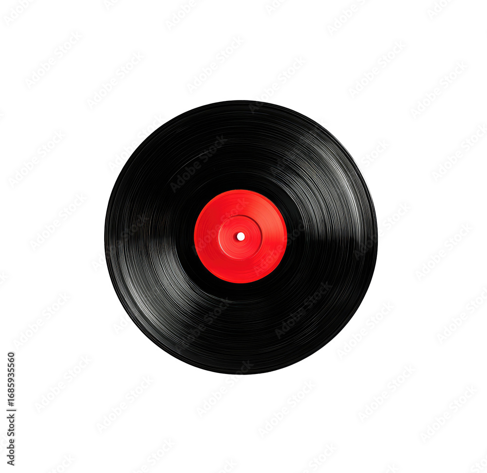 Fototapeta premium Close-up of a black vinyl record with a red center, set against a pure black background. The record's grooves are subtly blurred, suggesting rotation