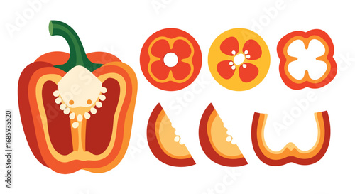 Stylized red bell pepper cross-sections and slices in a modern, flat design