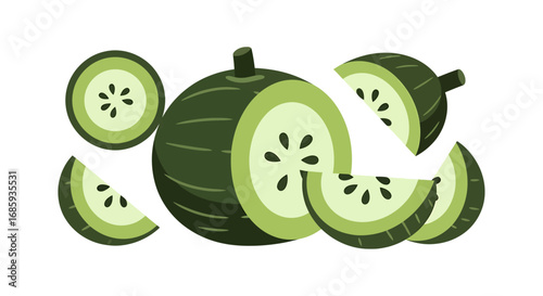 Stylized arrangement of sliced and whole green melon with cartoonish aesthetic