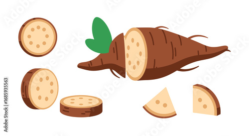 Creative illustration of sliced cassava root and leaf with playful simplicity
