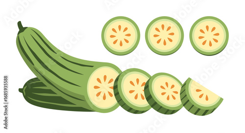 Stylized vegetable marrow arrangement with sliced portions, food illustration