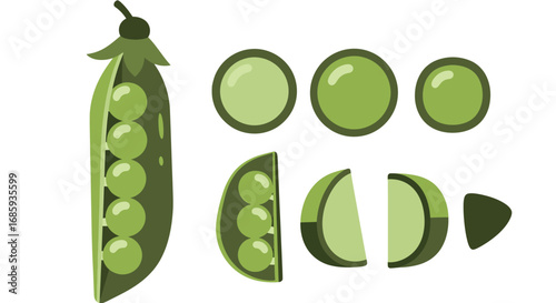 Stylized green pea illustration depicting various stages of shelling and