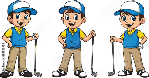 Cartoon boy golfer character set, smiling kid holding golf club in different poses, children sports illustration, vector artwork for golf theme design, icons