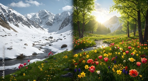 Fototapeta Naklejka Na Ścianę i Meble -  Half winter/summer scene. Snow and flowers. Landscape, mountain, forest. Travel posters, wallpaper, or travel branding.