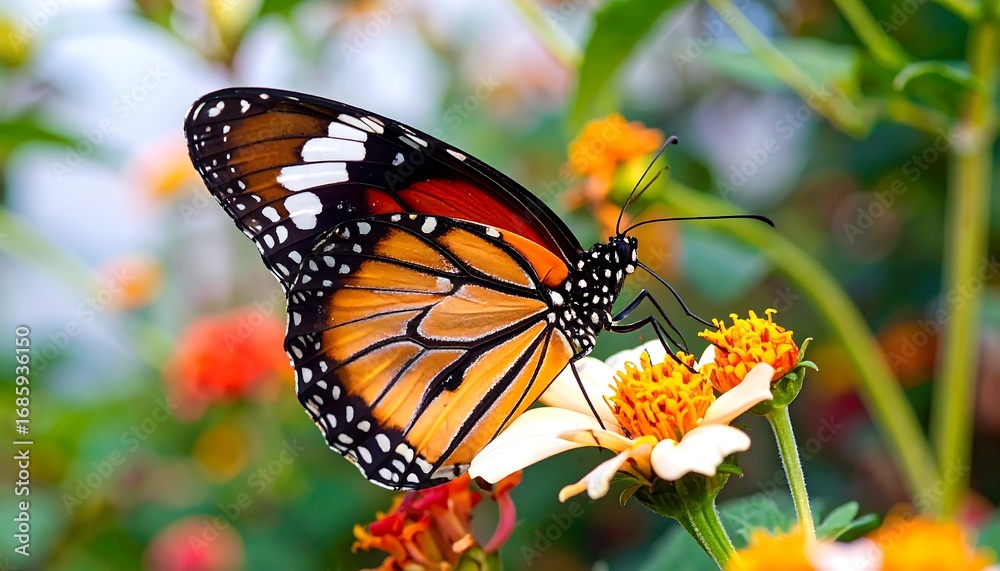 Fototapeta premium A vibrant monarch butterfly rests on a daisy-like flower, showcasing its striking colors