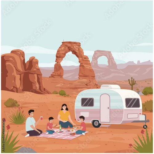 American Family Road Trip Vector Illustration: Outdoor Adventure and Connection in Desert National Park