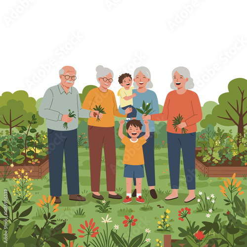 Nurturing Intergenerational Bonds Through Sustainable Home Gardening Vector Illustration