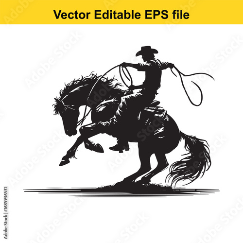 Silhouette of a cowboy riding a bucking horse with a lasso, isolated on white background