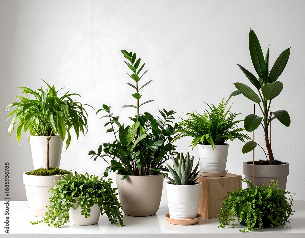Fototapeta premium Various houseplants on a white surface