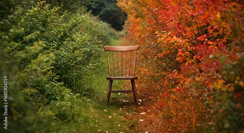 Fototapeta Naklejka Na Ścianę i Meble -  old wooden chair in autumn forest