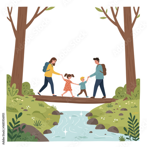 Supportive Family Outdoor Adventure Vector Illustration: Parents Guiding Children Across a Log Bridge