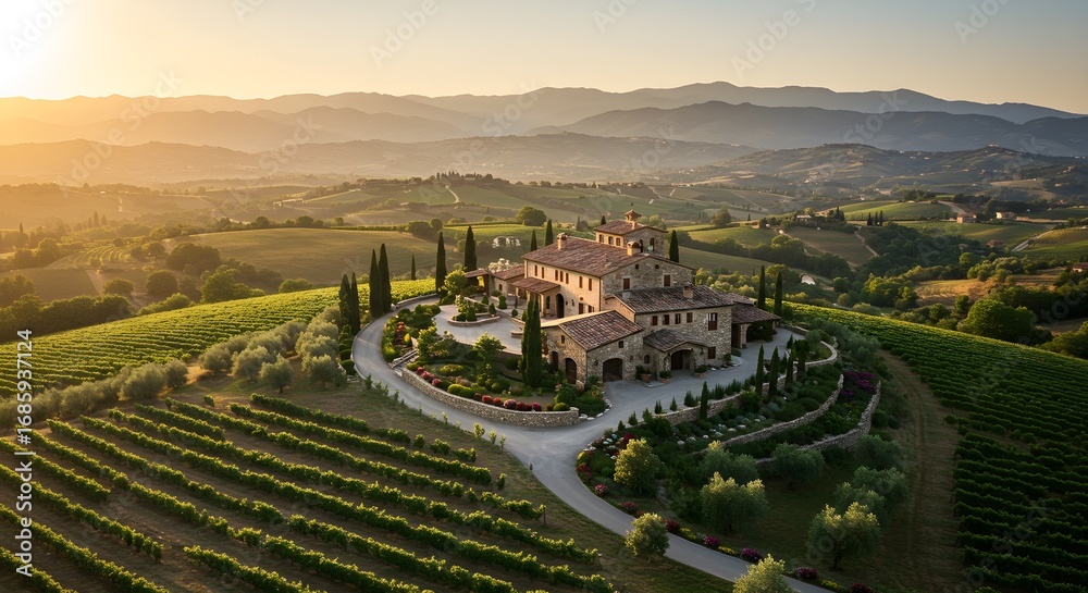 Obraz premium Tuscan winery estate gleams under golden sunset lighting. Shows vineyards, stone villa, and rolling hills for travel, tourism, or real estate.