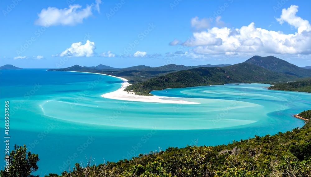 Fototapeta premium Panoramic view of a pristine bay with a white sand beach