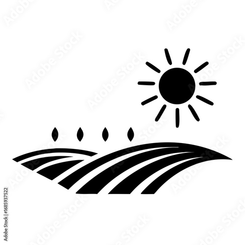 Sun over field illustration with arable land and trees. Minimalist sun over field for agriculture and nature concepts, representing sunshine over cultivated land and a few distant trees.
