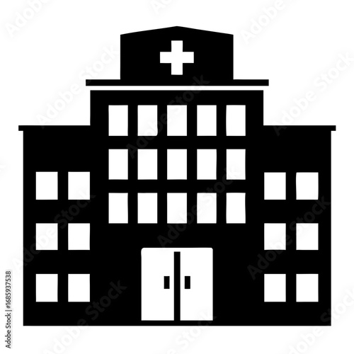 Hospital building front in minimal silhouette showcases architecture. This hospital building provides essential medical services, featuring clean lines and simple facade.