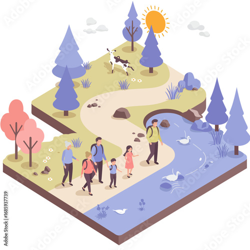 Serene Multi-Generational Family Outing Vector Illustration: Celebrating Outdoor Recreation and Connection