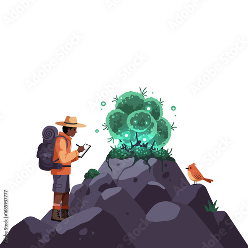 Groundbreaking Ecological Research Illustration: Scientist Documents Rare Bio-Luminescent Plant Discovery