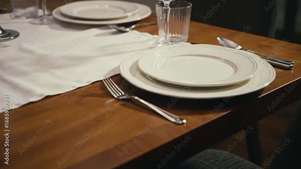 A table setting with plates, silverware, a glass, and a white runner on a wood table