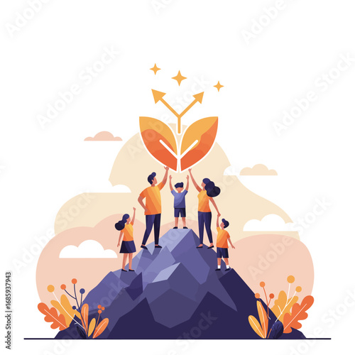 Vector Illustration of Family and Community United in Achieving Growth and Nurturing Future Success