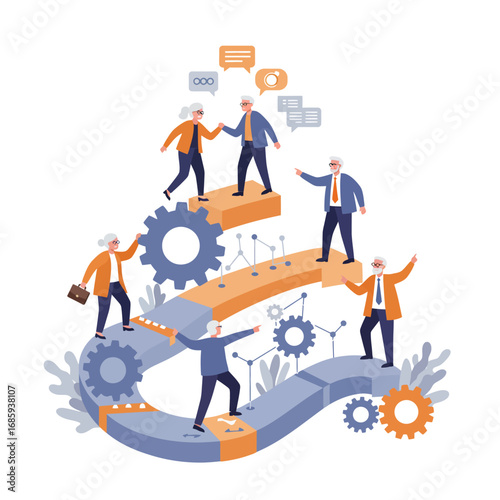 Veteran Professionals Guiding Strategic Process Optimization: A Collaborative Vector Illustration