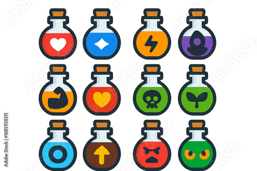 Vibrant Potion Icons. Flat vector icons of potion types: healing potion, mana potion, speed potion, invisibility brew, strength