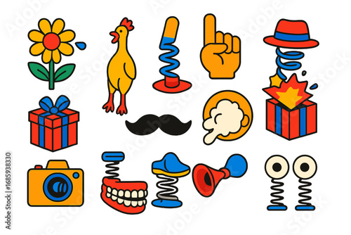 Comedy Prop Icons. Flat vector icons of comedy props: squirting flower, rubber chicken, giant foam finger, spring-loaded hat,