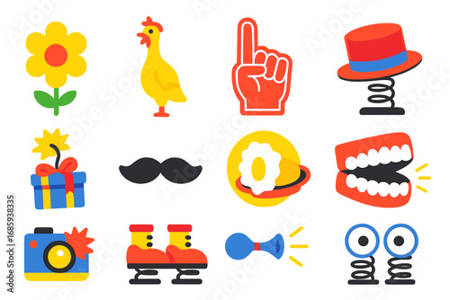 Comedy Prop Icons. Flat vector icons of comedy props: squirting flower, rubber chicken, giant foam finger, spring-loaded hat,