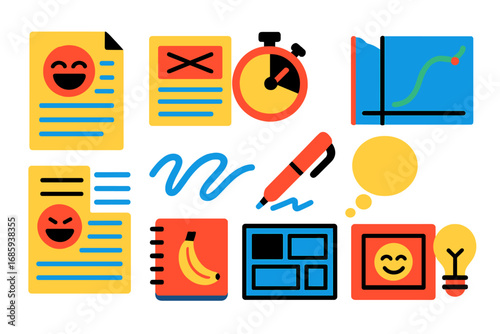 Comedy Writing Icons. Flat vector icons of comedy writing: script with laugh, crossed-out punchline, timing cue, joke structure