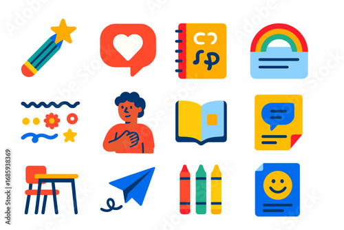 Youth Poetry Icons. Flat vector icons of youth poetry: pencil with star, speech bubble heart, rhyming notebook, rainbow over page,