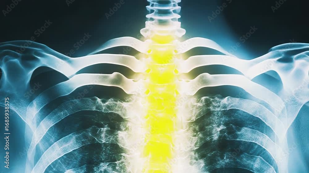X ray image showing human ribs and spine highlighting spinal column ...