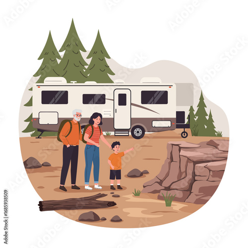 Intergenerational Family Exploring Nature on an RV Adventure Vector Illustration