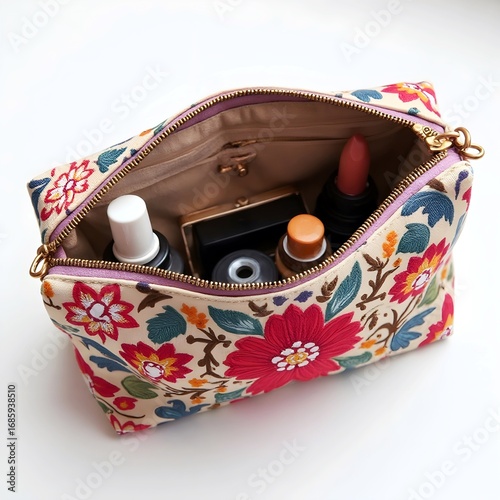 Cosmetic bag with floral embroidery, makeup items inside.