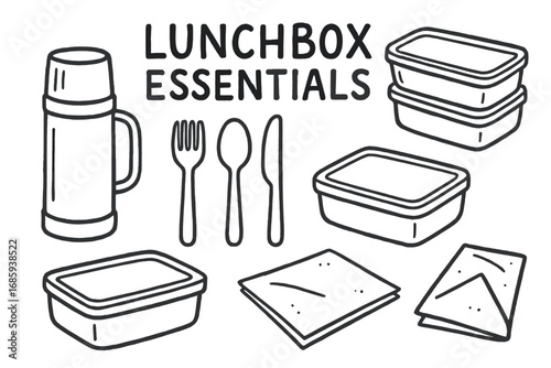 Lunchbox Doodle Set. Lunchbox essentials doodle set: hand drawn icons for thermos, utensils, containers, and napkins, isolated