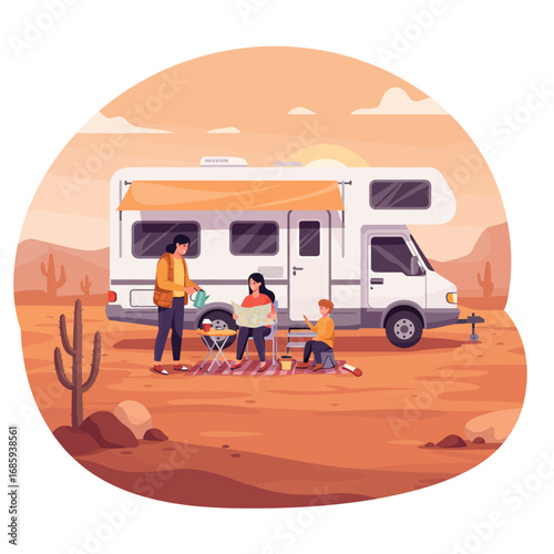 Vector Illustration: Family RV Desert Adventure, Embracing the Open Road and Creating Lasting Memories Together