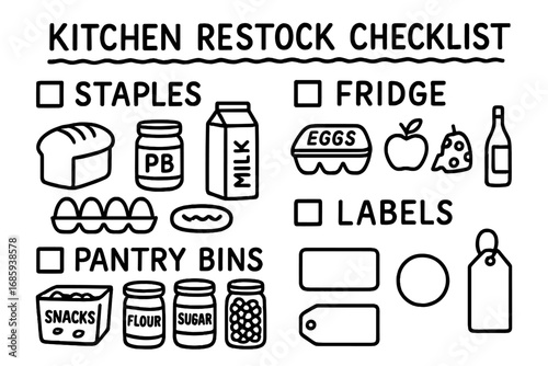 Kitchen Restock Doodles. Kitchen restock checklist doodle set: hand drawn icons for staples, fridge items, pantry bins, and labels