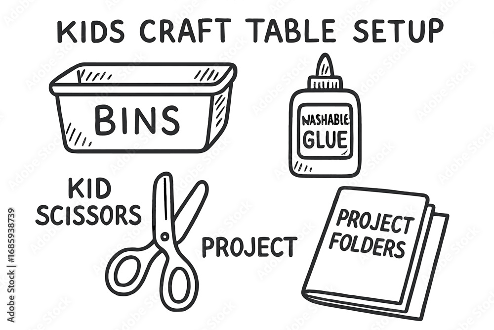Naklejka premium Kids Craft Table. Kids craft table setup doodle set: hand drawn icons for bins, washable glue, kid scissors, and project folders,