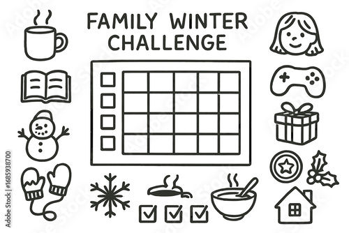 Winter Challenge Doodles. Family winter challenge board doodle set: hand drawn icons for task tiles, rewards, checkboxes, and cozy
