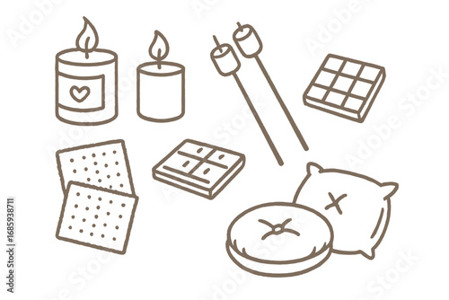 Indoor S'mores Night Doodles. S’mores night indoor edition doodle set: hand drawn icons for candles, skewers, chocolate, crackers,