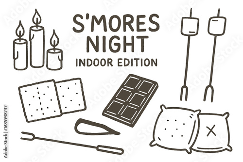 Indoor S'mores Night Doodles. S’mores night indoor edition doodle set: hand drawn icons for candles, skewers, chocolate, crackers,