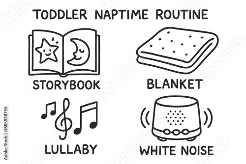 Toddler Naptime Icons. Toddler naptime routine doodle set: hand drawn icons for storybook, blanket, lullaby, and white noise,